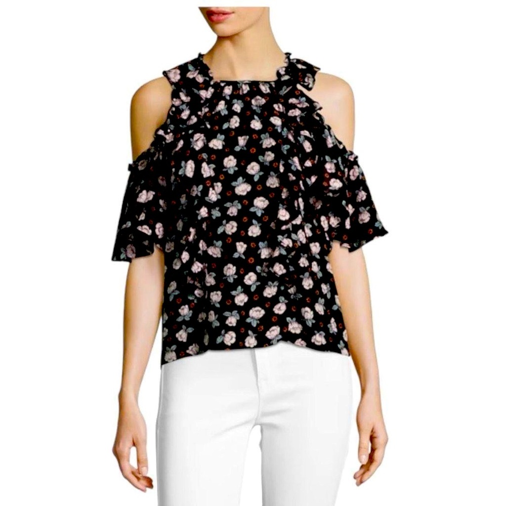 Rebecca Taylor- Black silk ruffle cold shoulder floral blouse top S / 6